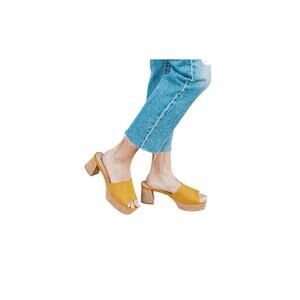 Lulus Sicily Women's 11 Yellow Platform Clog Sandals Retro Faux Suede Cork Mule